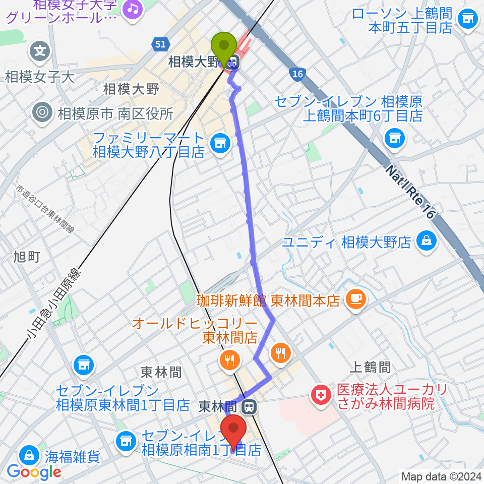 相模大野駅からギター・ベースの修理工房 3Bへのルートマップ地図