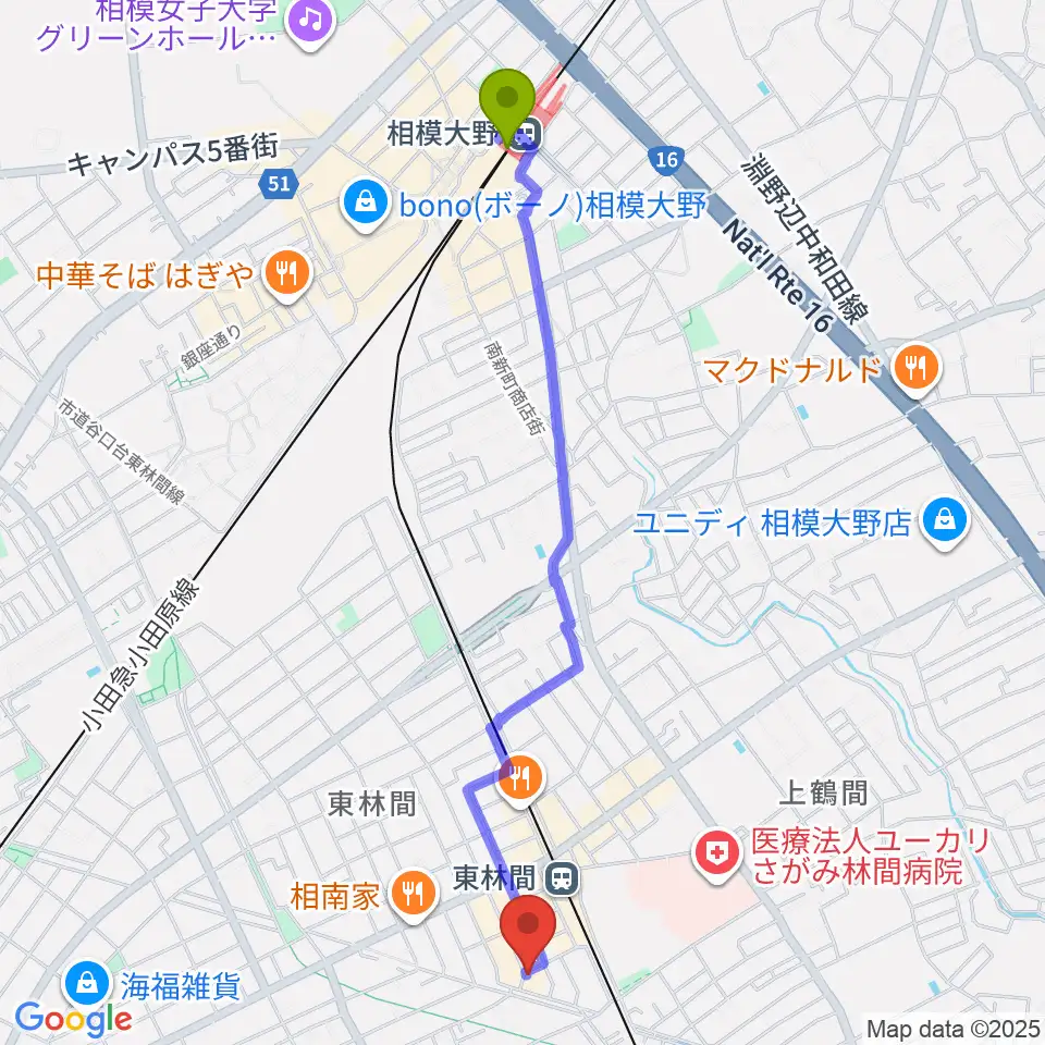 相模大野駅からギター・ベースの修理工房 3Bへのルートマップ地図