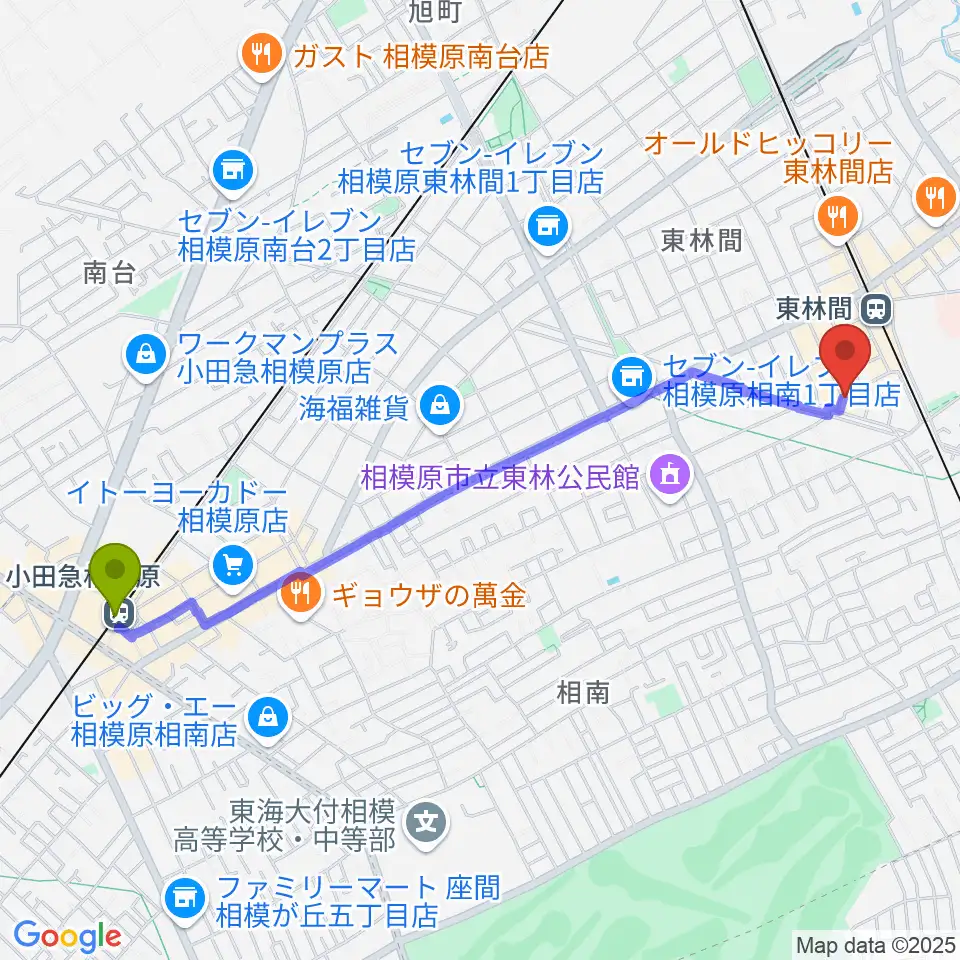 小田急相模原駅からギター・ベースの修理工房 3Bへのルートマップ地図