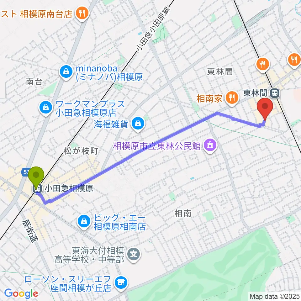 小田急相模原駅からギター・ベースの修理工房 3Bへのルートマップ地図