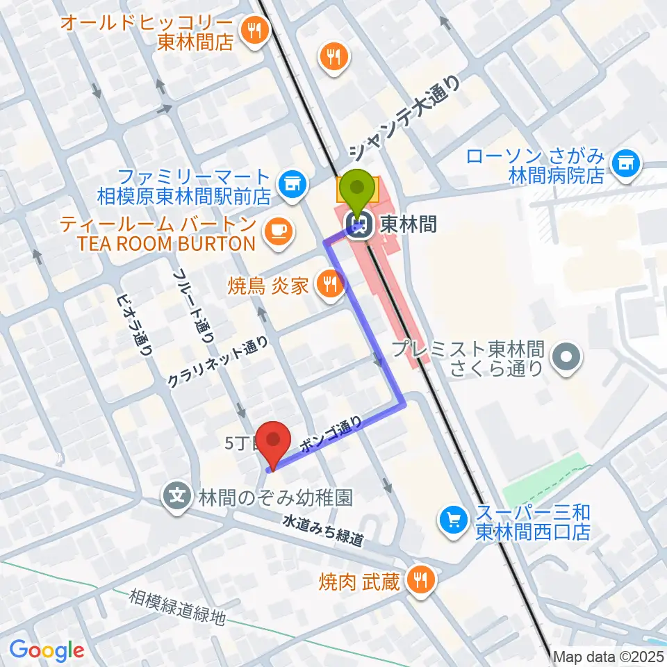ギター・ベースの修理工房 3Bの最寄駅東林間駅からの徒歩ルート（約3分）地図