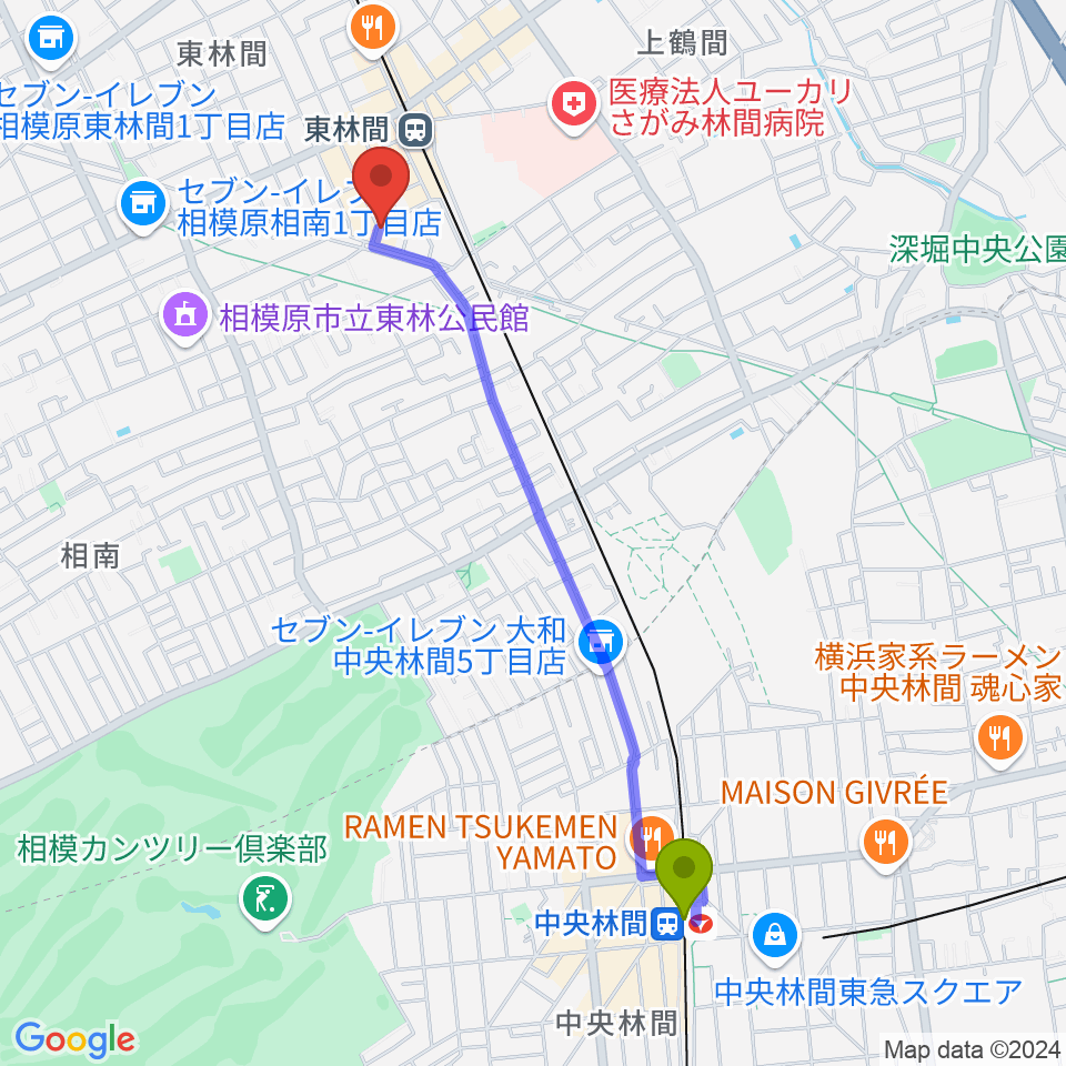 中央林間駅からギター・ベースの修理工房 3Bへのルートマップ地図