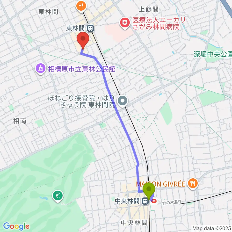 中央林間駅からギター・ベースの修理工房 3Bへのルートマップ地図