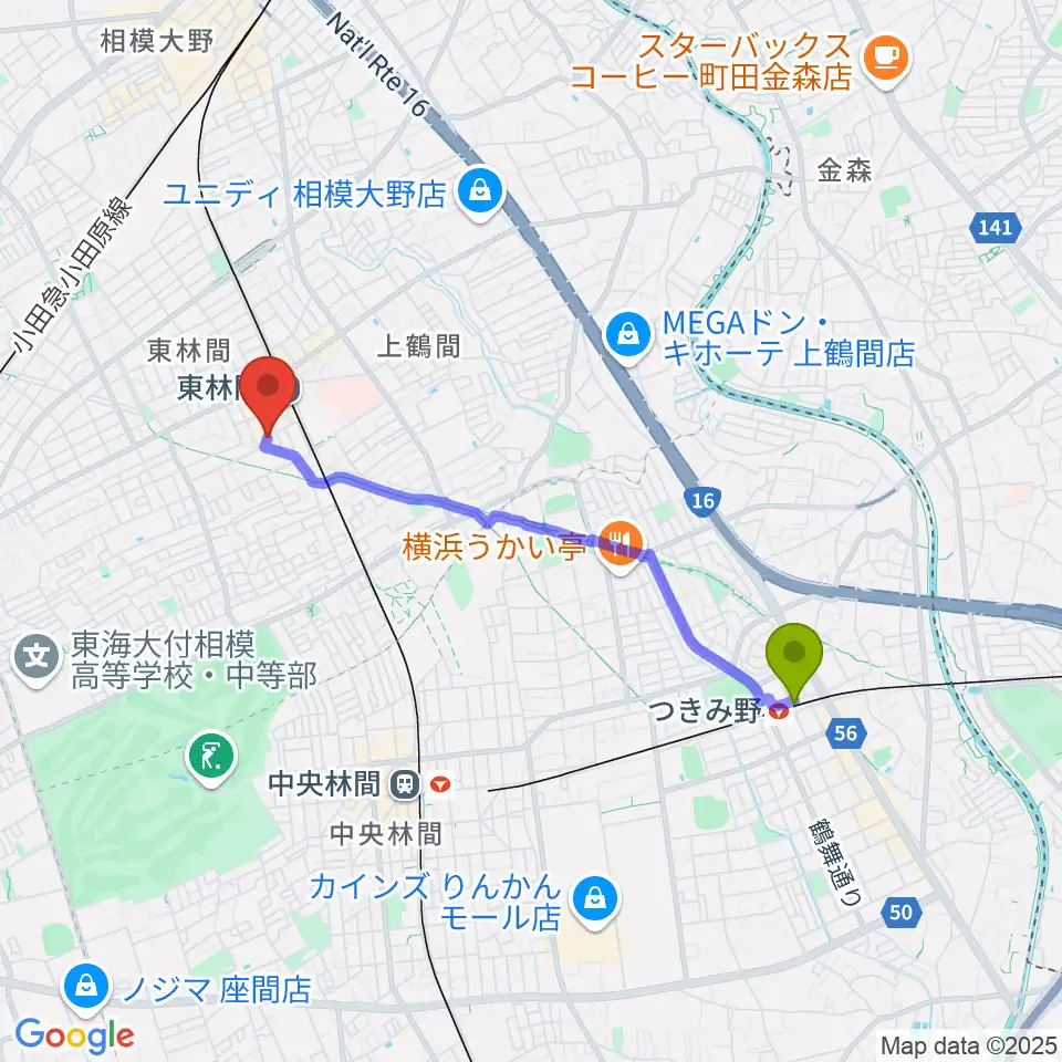 つきみ野駅からギター・ベースの修理工房 3Bへのルートマップ地図