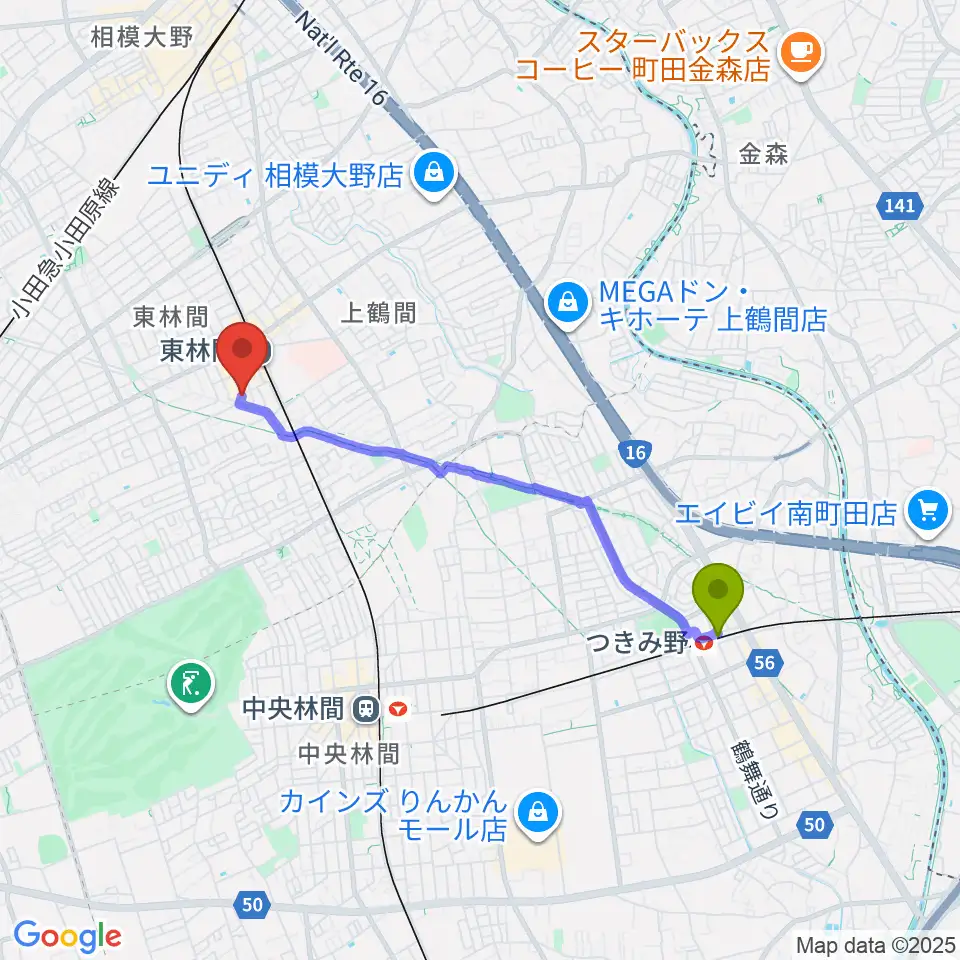 つきみ野駅からギター・ベースの修理工房 3Bへのルートマップ地図