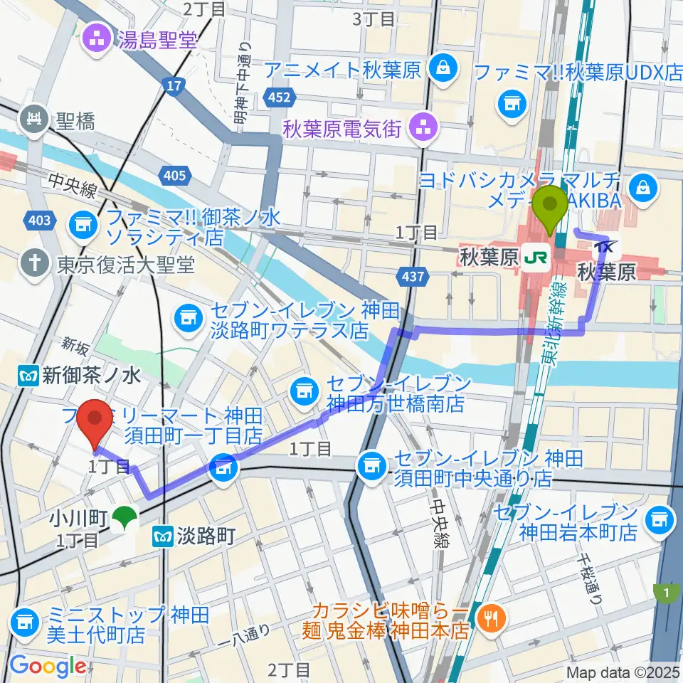 秋葉原駅からコチャバンバ東京店へのルートマップ地図
