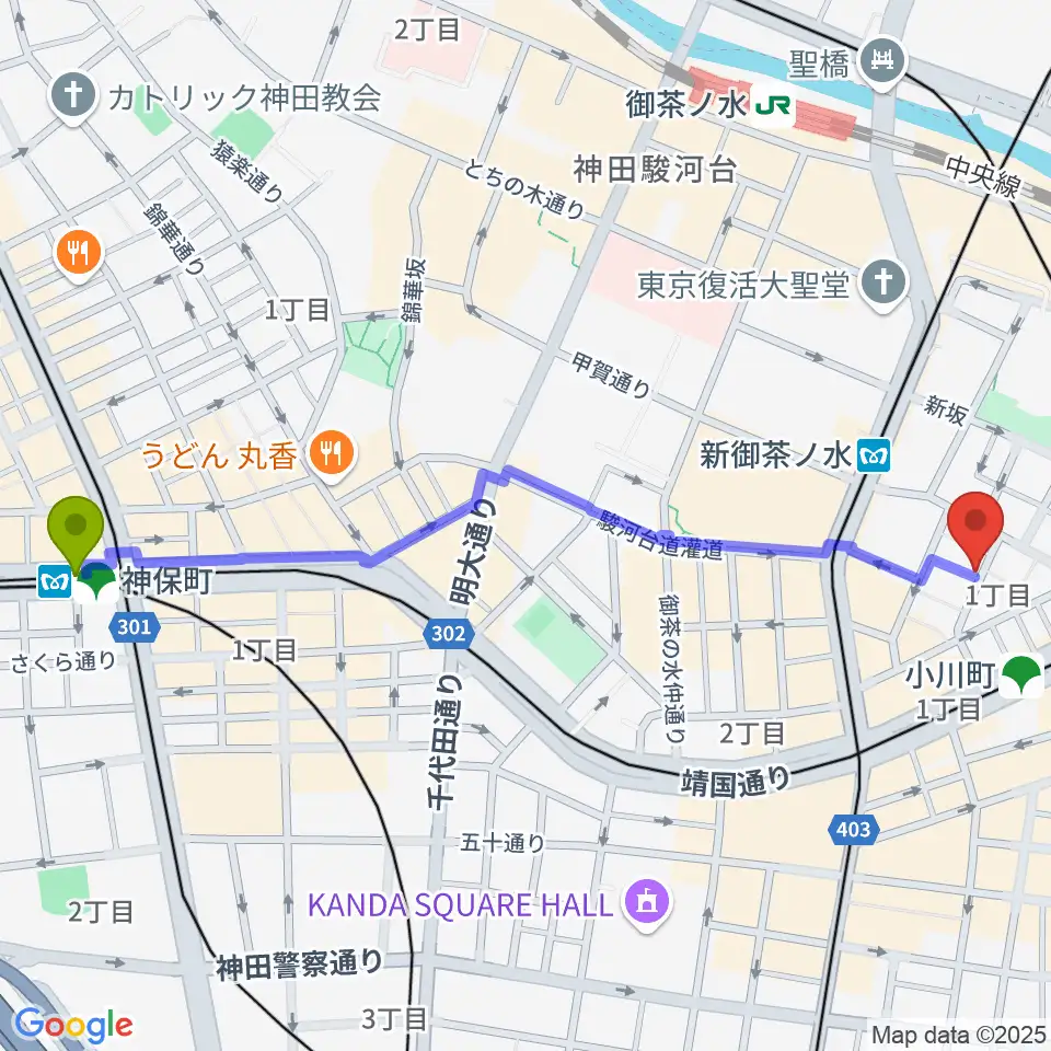 神保町駅からコチャバンバ東京店へのルートマップ地図