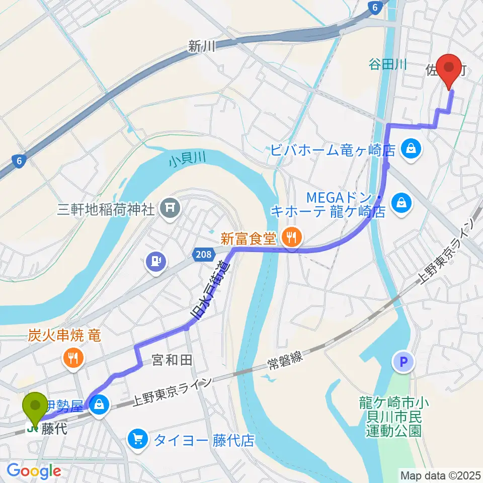 藤代駅からやまなかヴァイオリン教室へのルートマップ地図