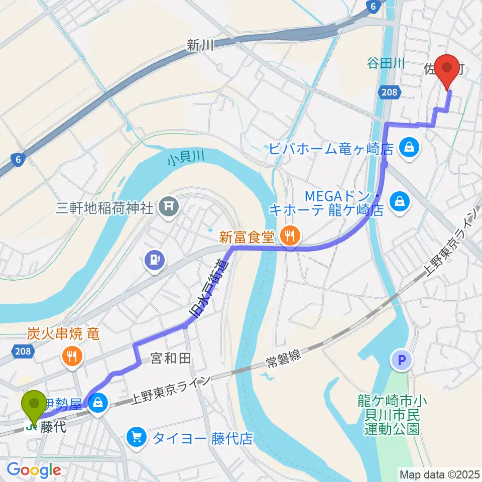 藤代駅からやまなかヴァイオリン教室へのルートマップ地図