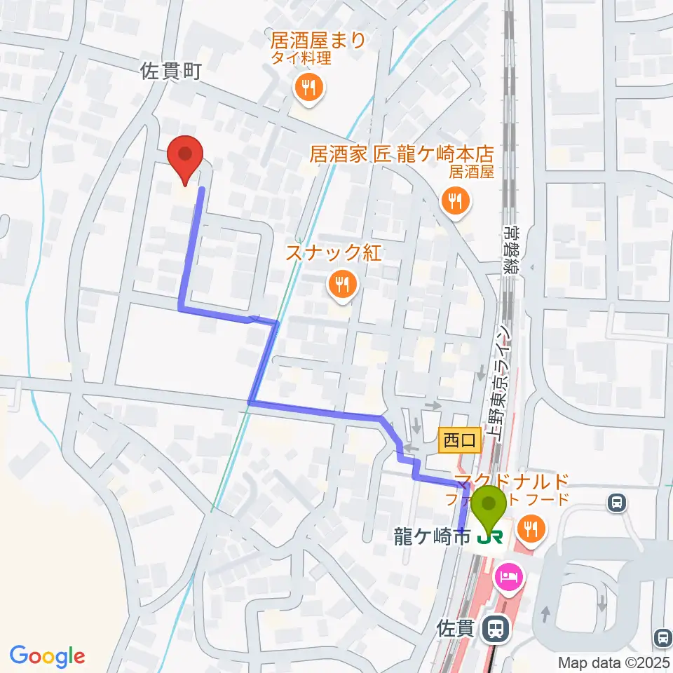 やまなかヴァイオリン教室の最寄駅龍ケ崎市駅からの徒歩ルート（約5分）地図