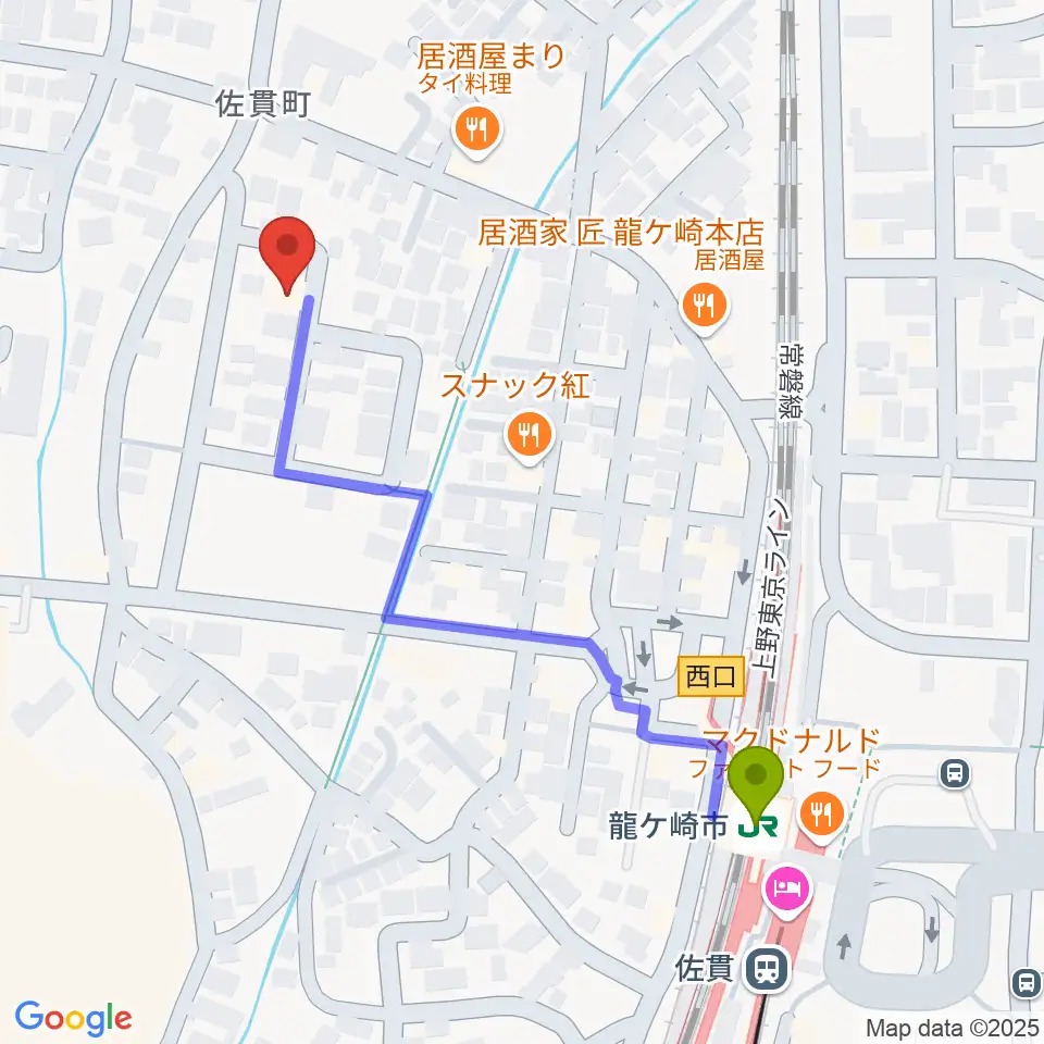 やまなかヴァイオリン教室の最寄駅龍ケ崎市駅からの徒歩ルート（約5分）地図