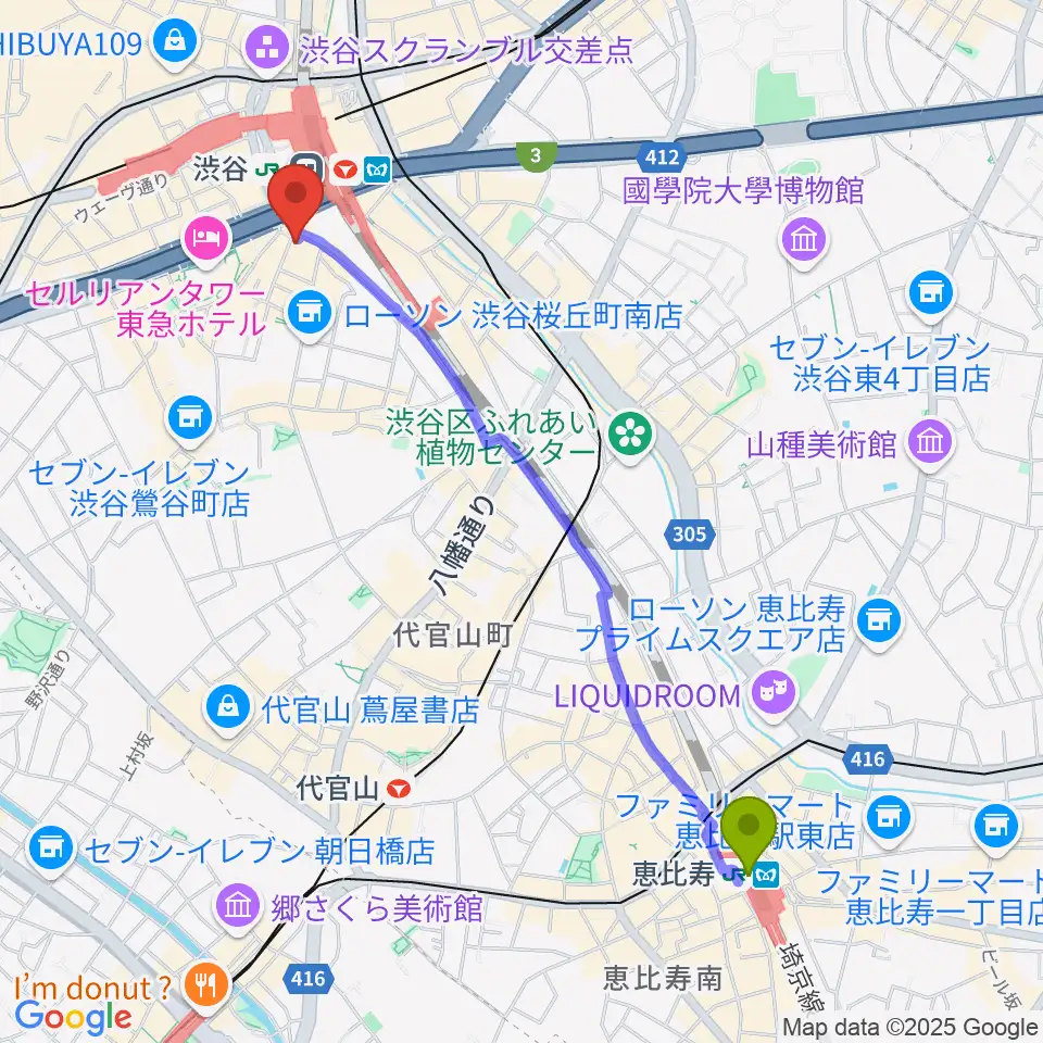 恵比寿駅から渋谷ギターズステーションへのルートマップ地図