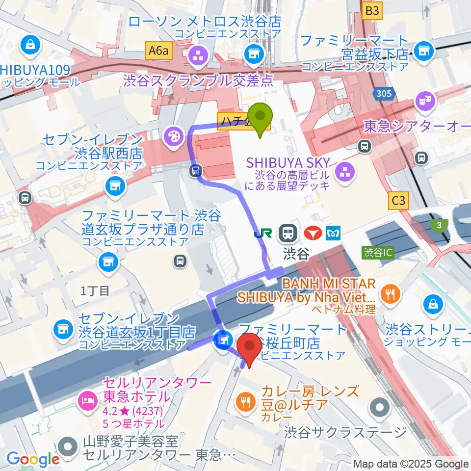 渋谷ギターズステーションの最寄駅渋谷駅からの徒歩ルート（約4分）地図