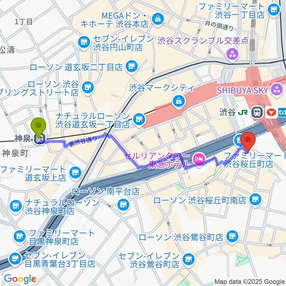 神泉駅から渋谷ギターズステーションへのルートマップ地図