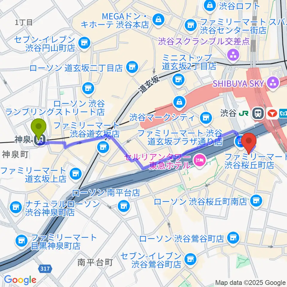 神泉駅から渋谷ギターズステーションへのルートマップ地図