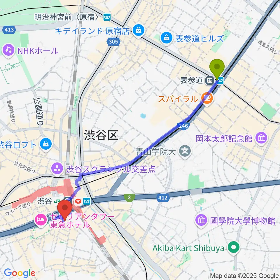 表参道駅から渋谷ギターズステーションへのルートマップ地図