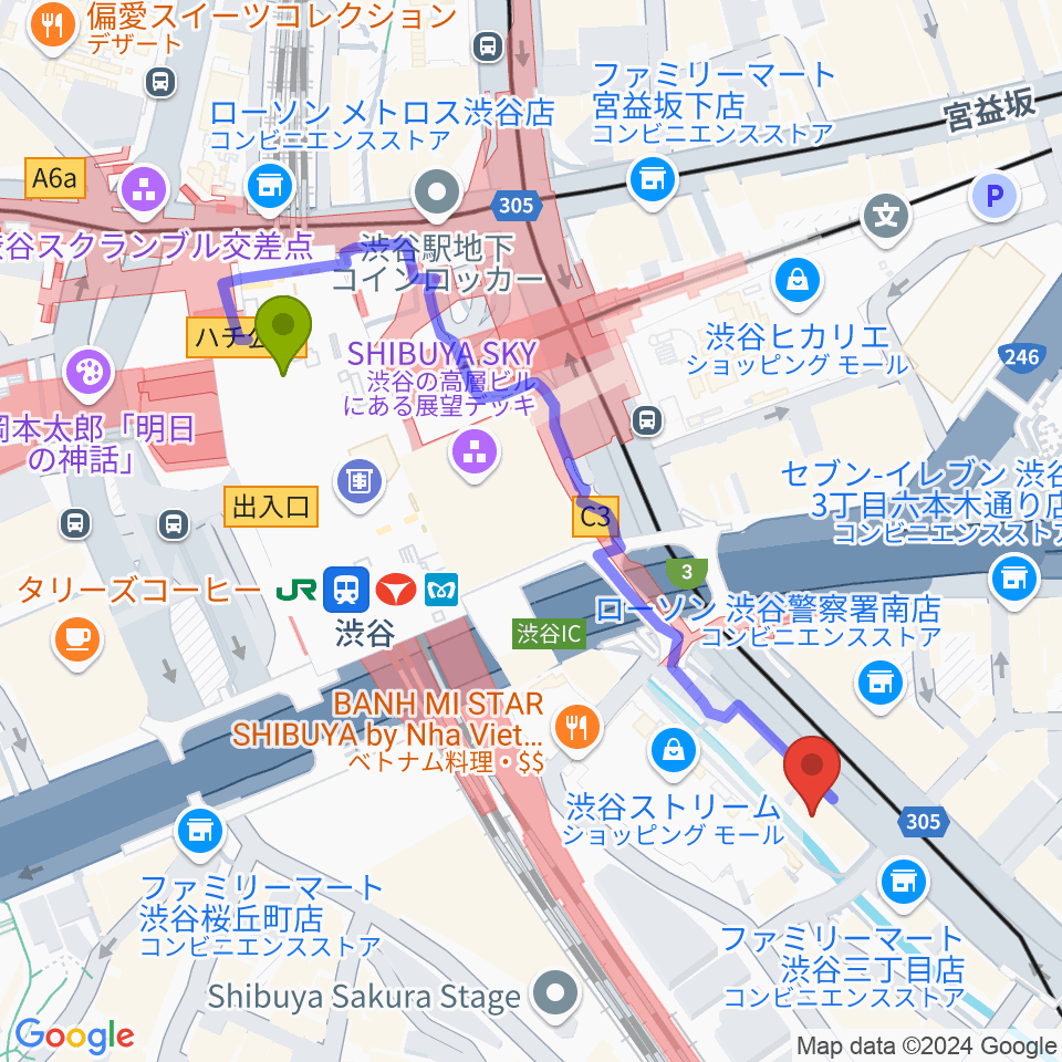 イケベリユースギターズの最寄駅渋谷駅からの徒歩ルート（約5分）地図