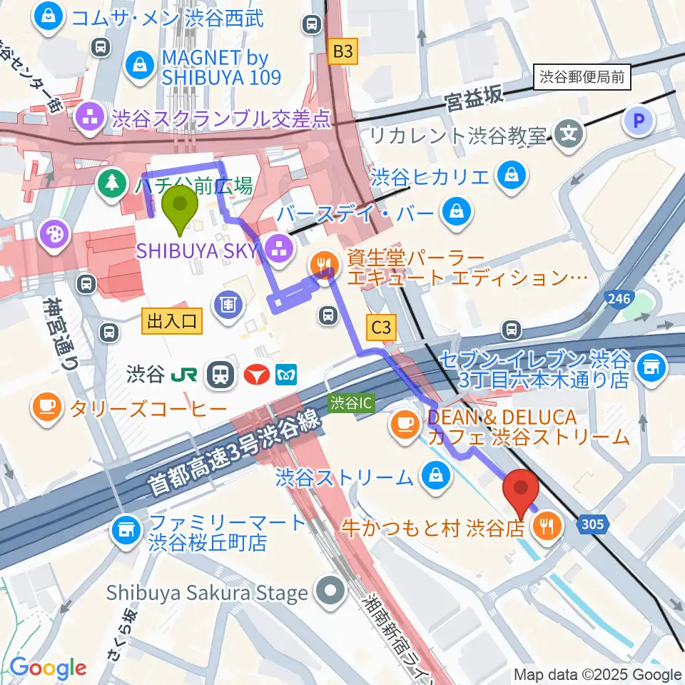 イケベリユースギターズの最寄駅渋谷駅からの徒歩ルート（約5分）地図