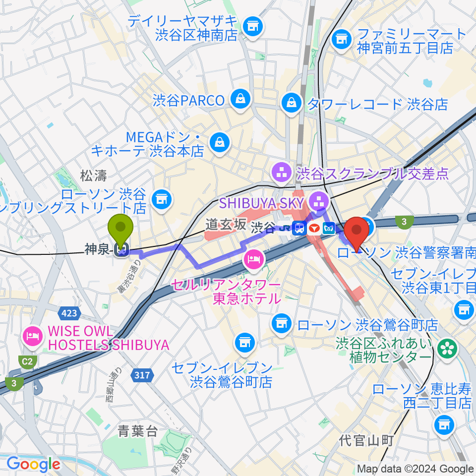 神泉駅からイケベリユースギターズへのルートマップ地図