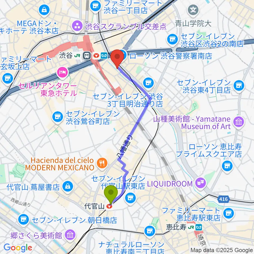 代官山駅からイケベリユースギターズへのルートマップ地図