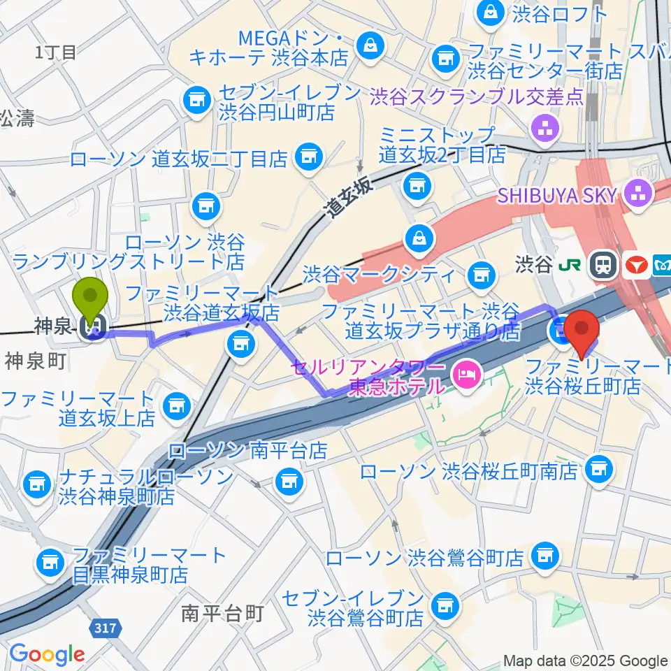 神泉駅からハートマンヴィンテージギターズへのルートマップ地図