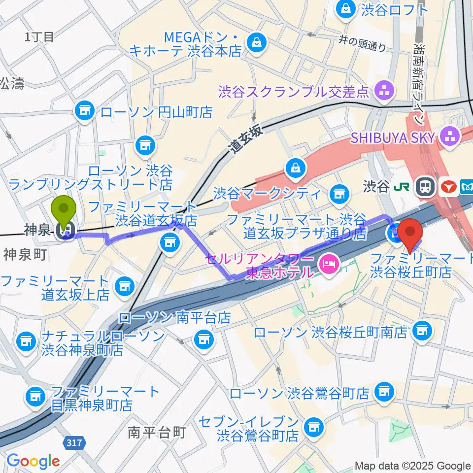 神泉駅からハートマンヴィンテージギターズへのルートマップ地図