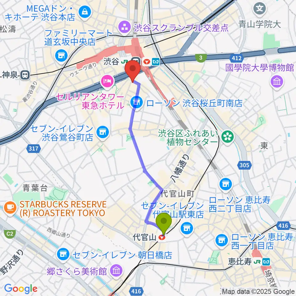 代官山駅からハートマンヴィンテージギターズへのルートマップ地図