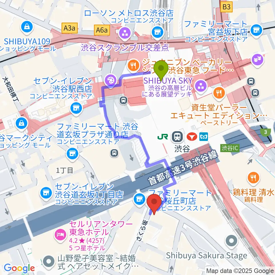 イケベ楽器店ベースコレクションの最寄駅渋谷駅からの徒歩ルート（約4分）地図