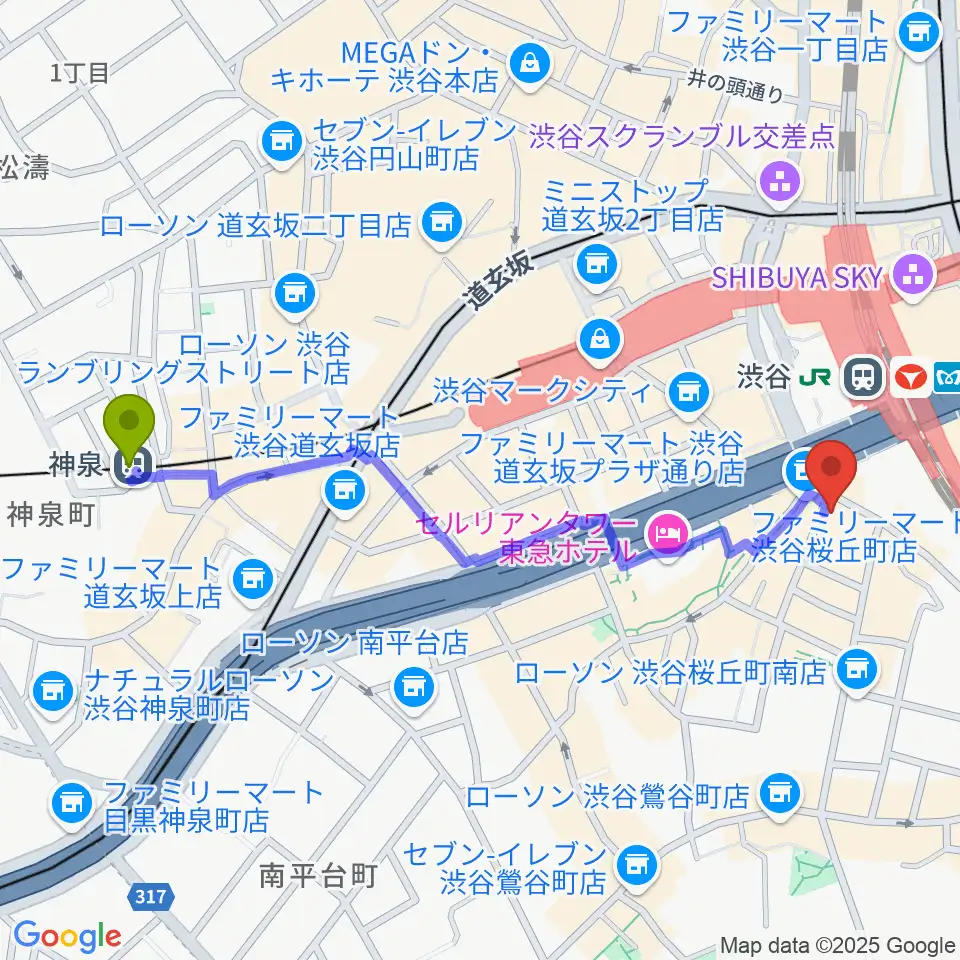 神泉駅からイケベ楽器店ベースコレクションへのルートマップ地図