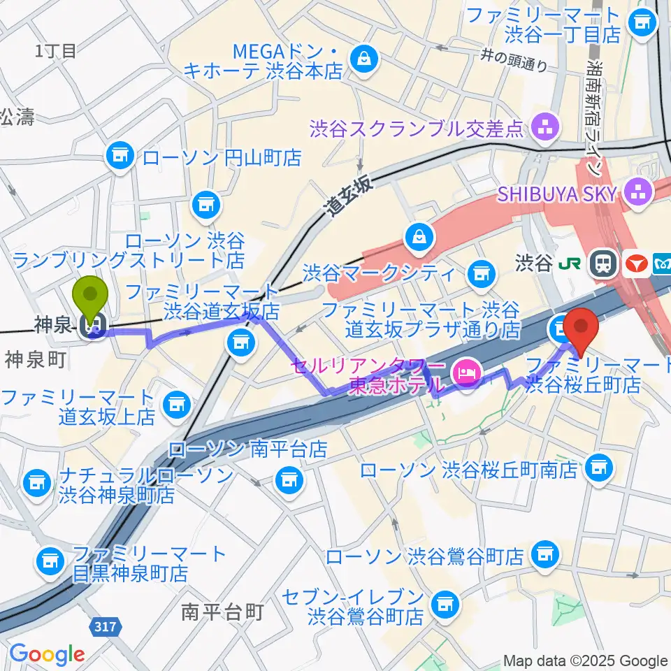 神泉駅からイケベ楽器店ベースコレクションへのルートマップ地図