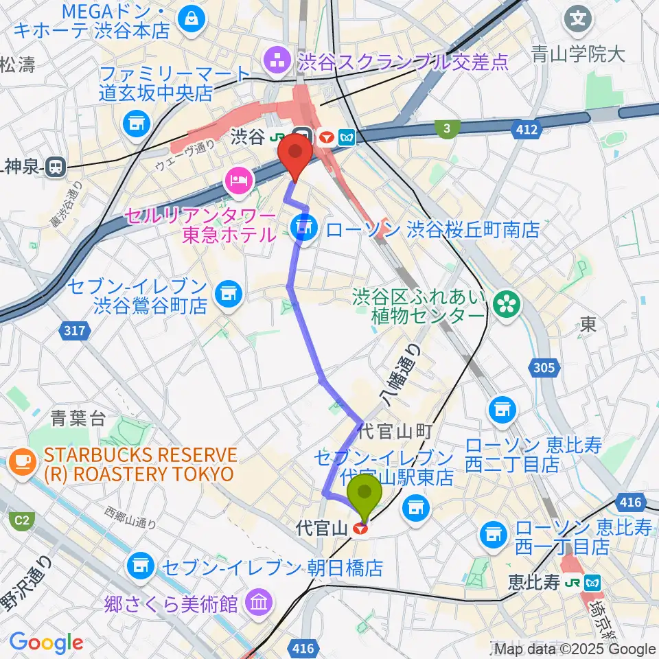 代官山駅からイケベ楽器店ベースコレクションへのルートマップ地図