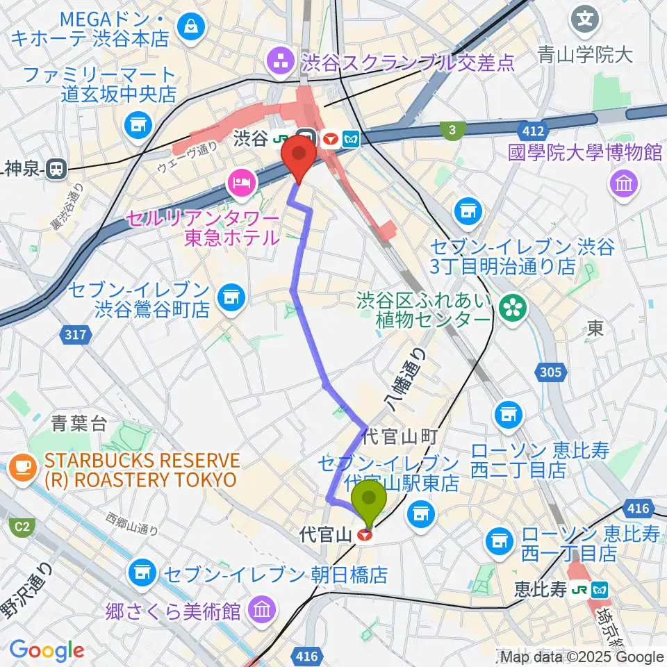 代官山駅からイケベ楽器店ベースコレクションへのルートマップ地図