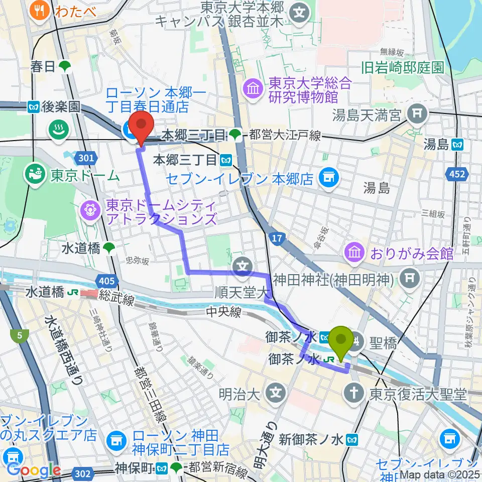 御茶ノ水駅からアカデミア・ミュージックへのルートマップ地図