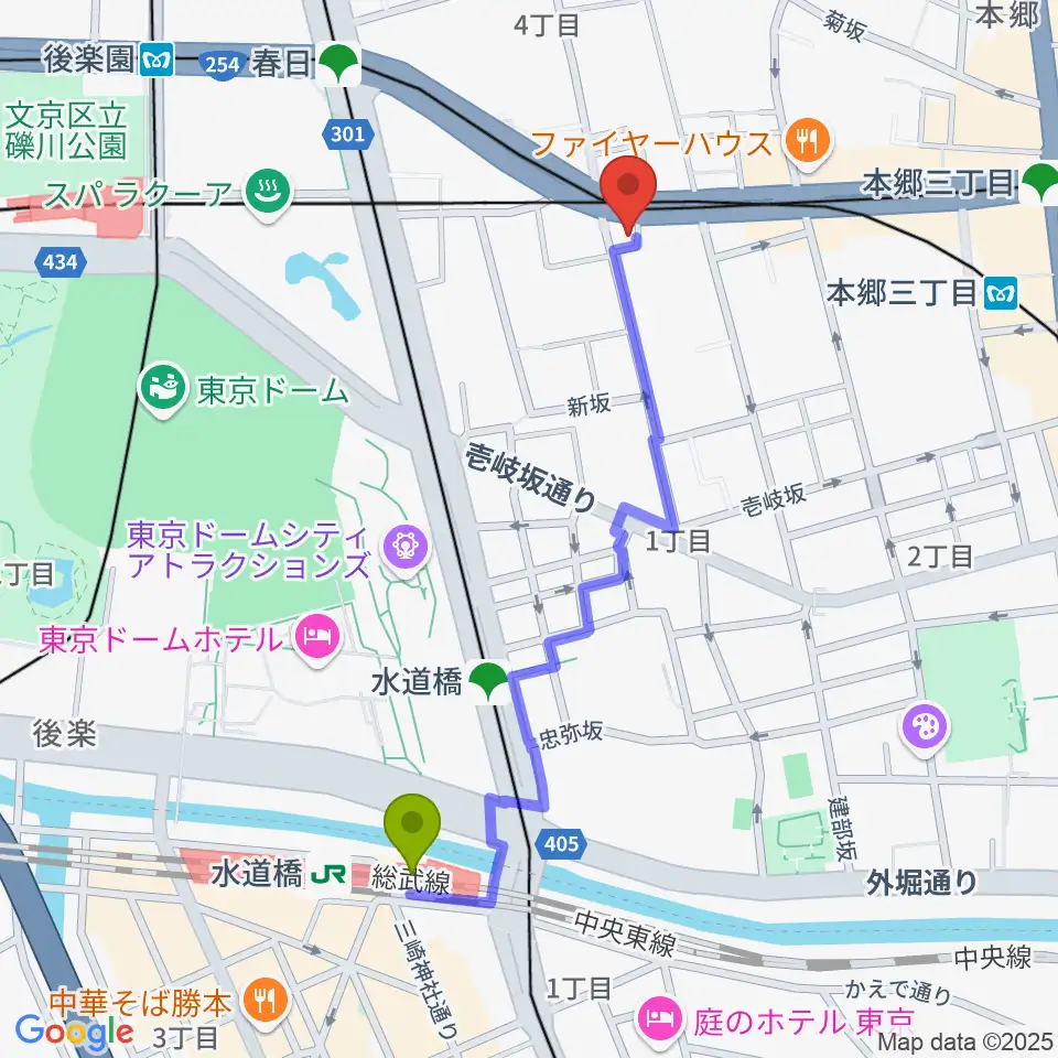 水道橋駅からアカデミア・ミュージックへのルートマップ地図