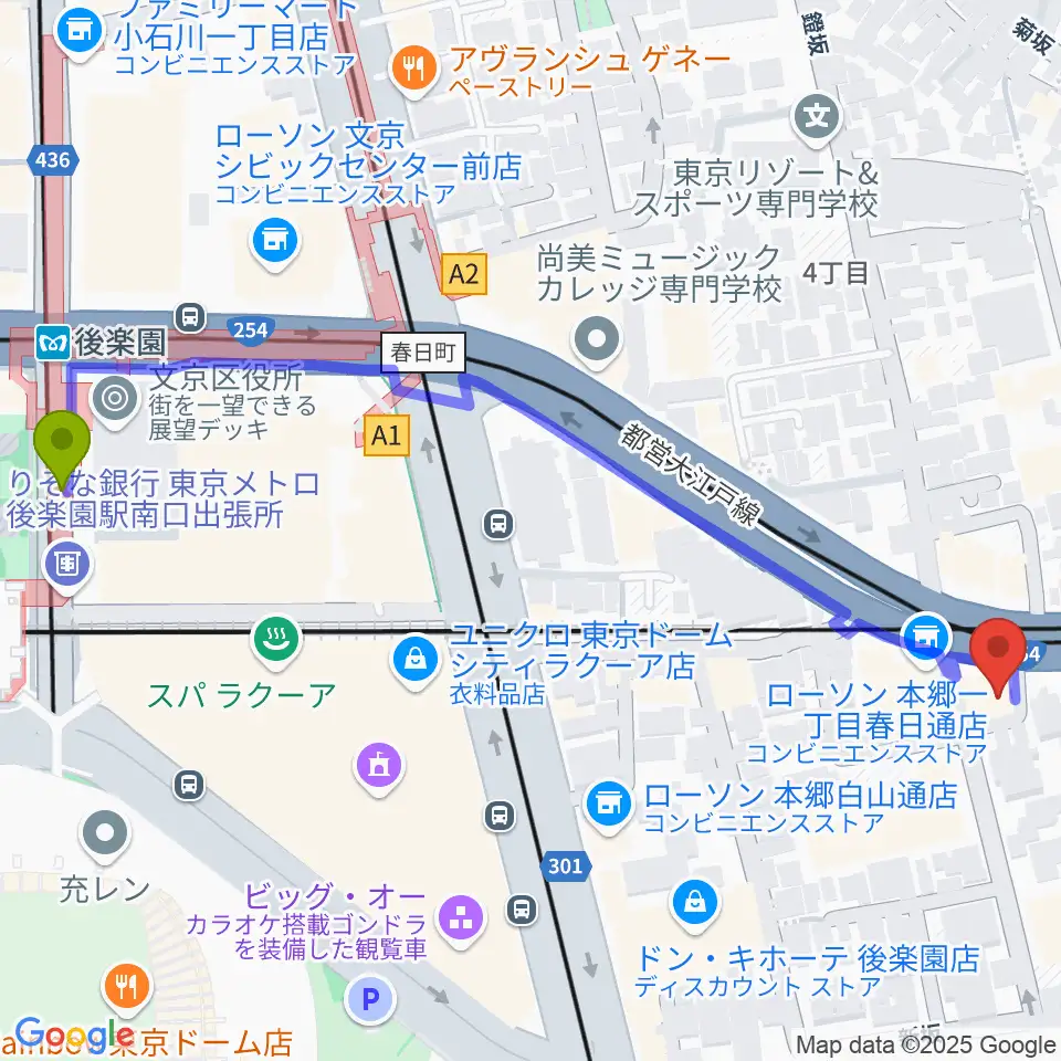 後楽園駅からアカデミア・ミュージックへのルートマップ地図