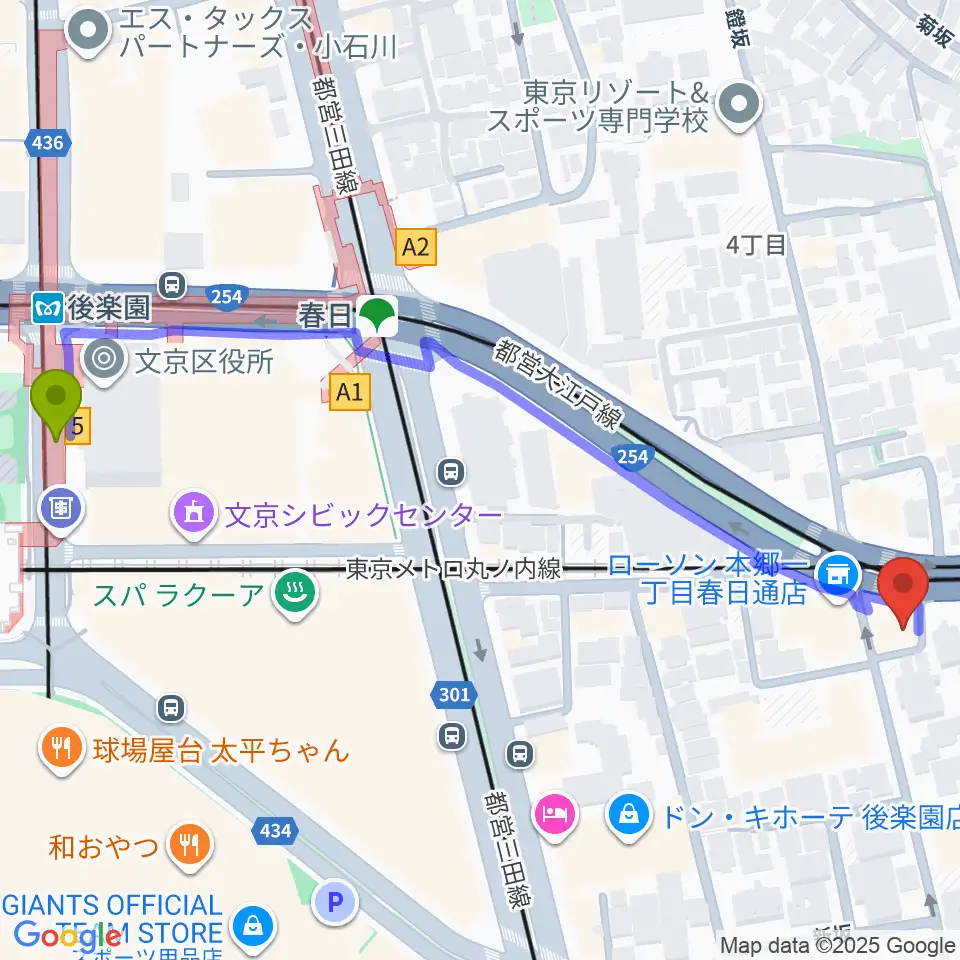 後楽園駅からアカデミア・ミュージックへのルートマップ地図