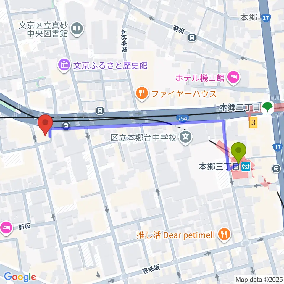 アカデミア・ミュージックの最寄駅本郷三丁目駅からの徒歩ルート（約5分）地図
