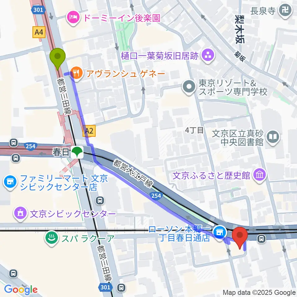 春日駅からアカデミア・ミュージックへのルートマップ地図
