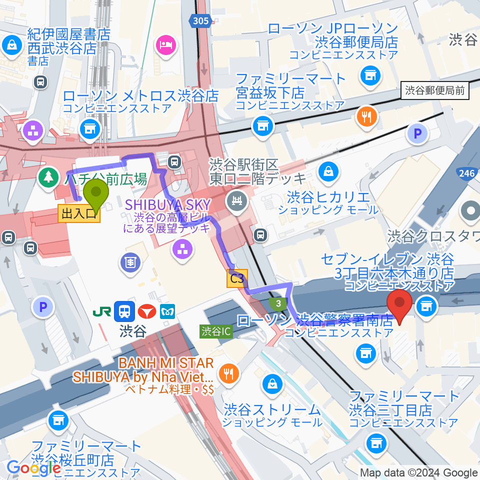 イケベ楽器店ウインドブロスの最寄駅渋谷駅からの徒歩ルート（約5分）地図