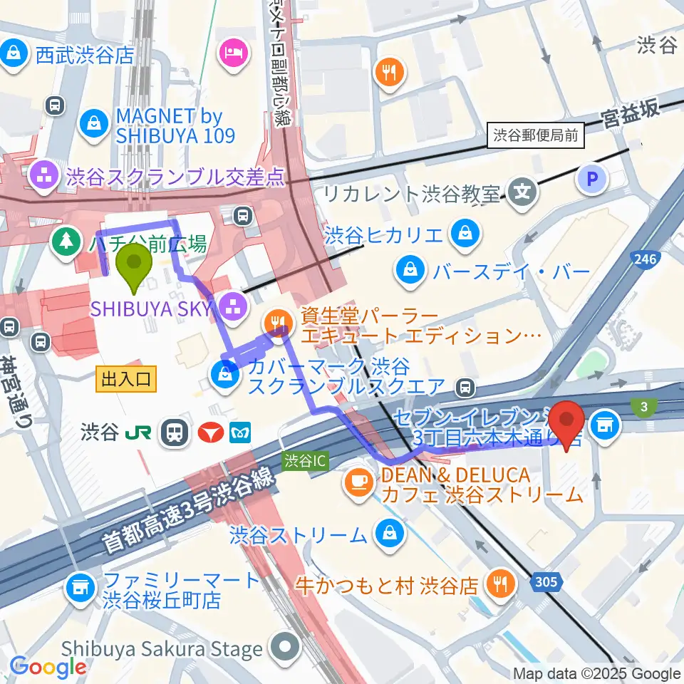 イケベ楽器店ウインドブロスの最寄駅渋谷駅からの徒歩ルート（約5分）地図