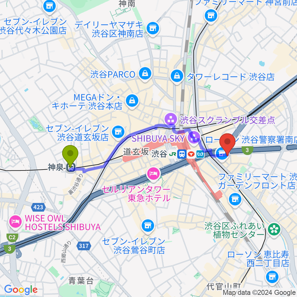 神泉駅からイケベ楽器店ウインドブロスへのルートマップ地図