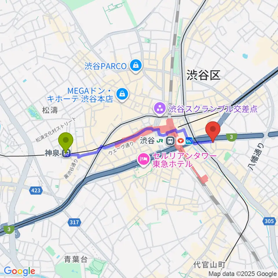 神泉駅からイケベ楽器店ウインドブロスへのルートマップ地図
