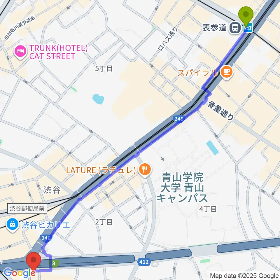 表参道駅からイケベ楽器店ウインドブロスへのルートマップ地図