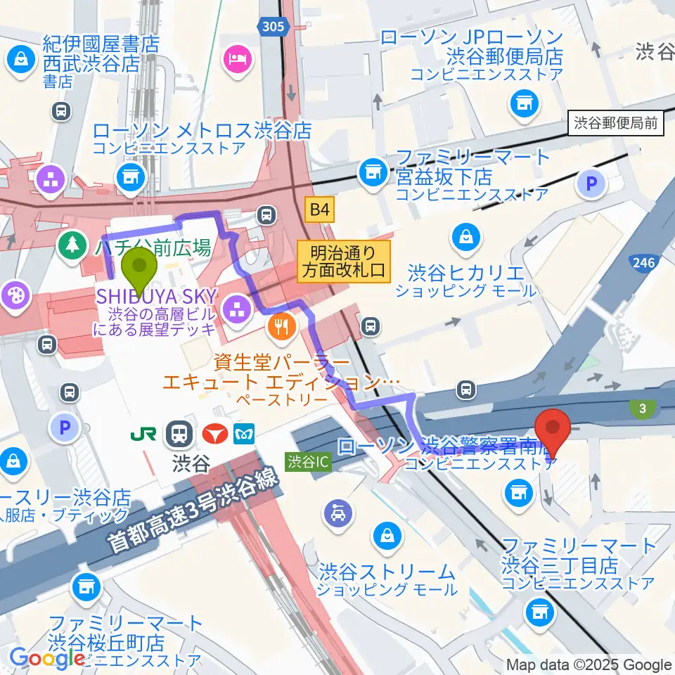 イケベ楽器店トランペットステーションの最寄駅渋谷駅からの徒歩ルート（約5分）地図