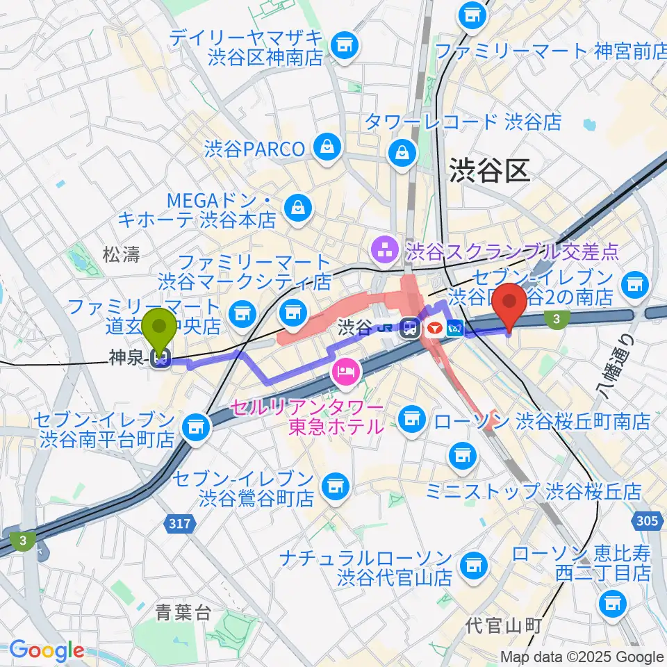 神泉駅からイケベ楽器店トランペットステーションへのルートマップ地図