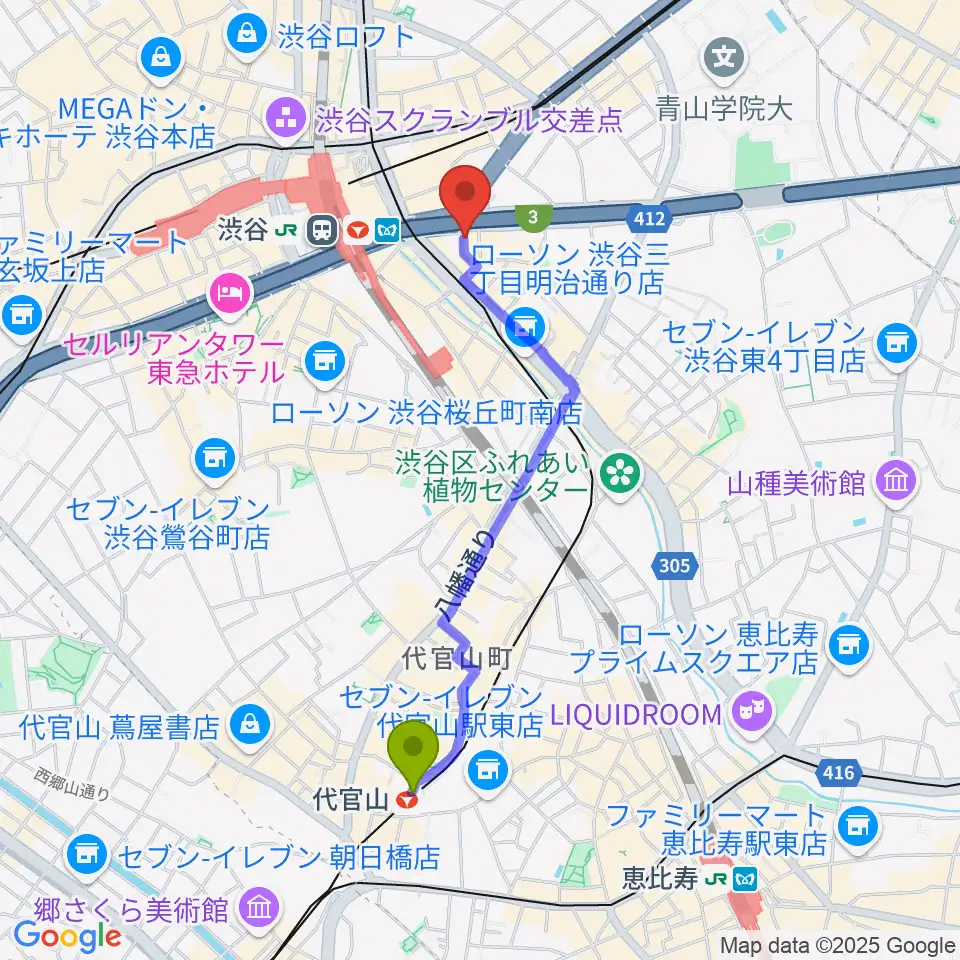 代官山駅からイケベ楽器店トランペットステーションへのルートマップ地図