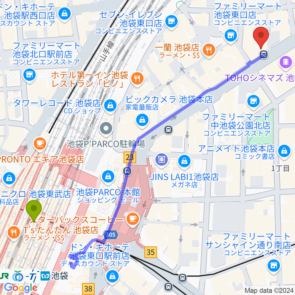 ロックハウスイケベ池袋の最寄駅池袋駅からの徒歩ルート（約8分）地図