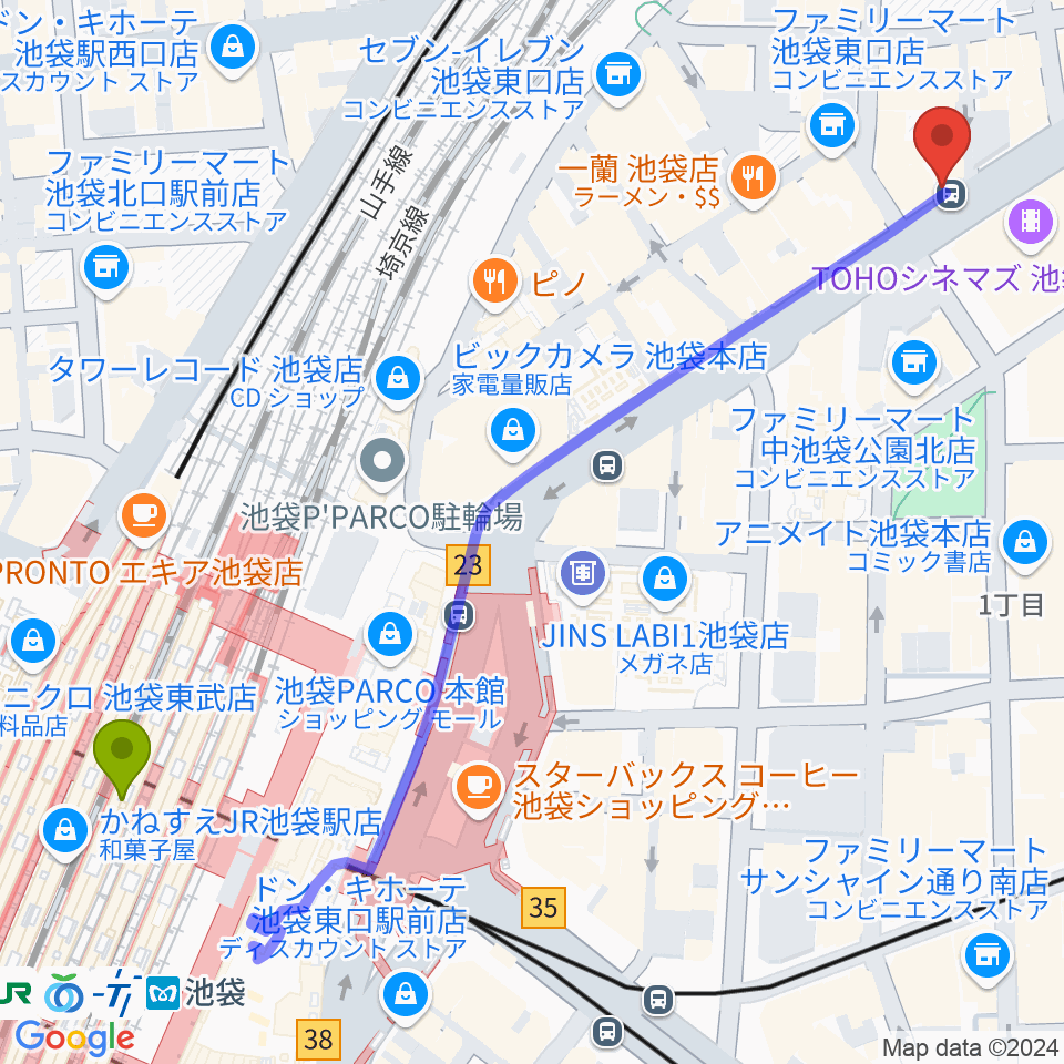 ロックハウスイケベ池袋の最寄駅池袋駅からの徒歩ルート（約7分）地図