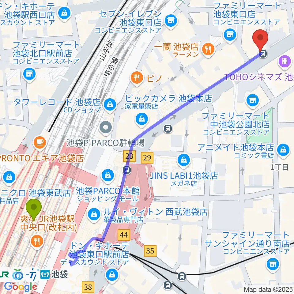 ロックハウスイケベ池袋の最寄駅池袋駅からの徒歩ルート（約7分）地図