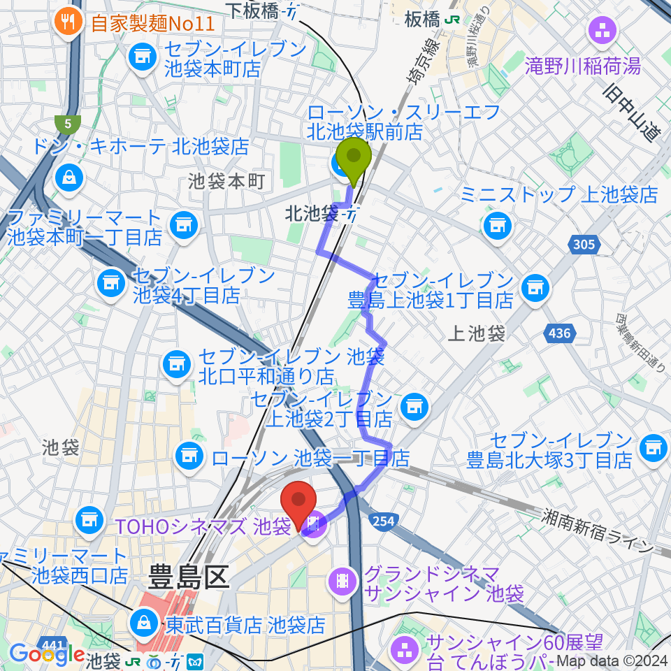 北池袋駅からロックハウスイケベ池袋へのルートマップ地図